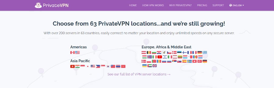 Reseña de PrivateVPN - Ubicaciones de servidores