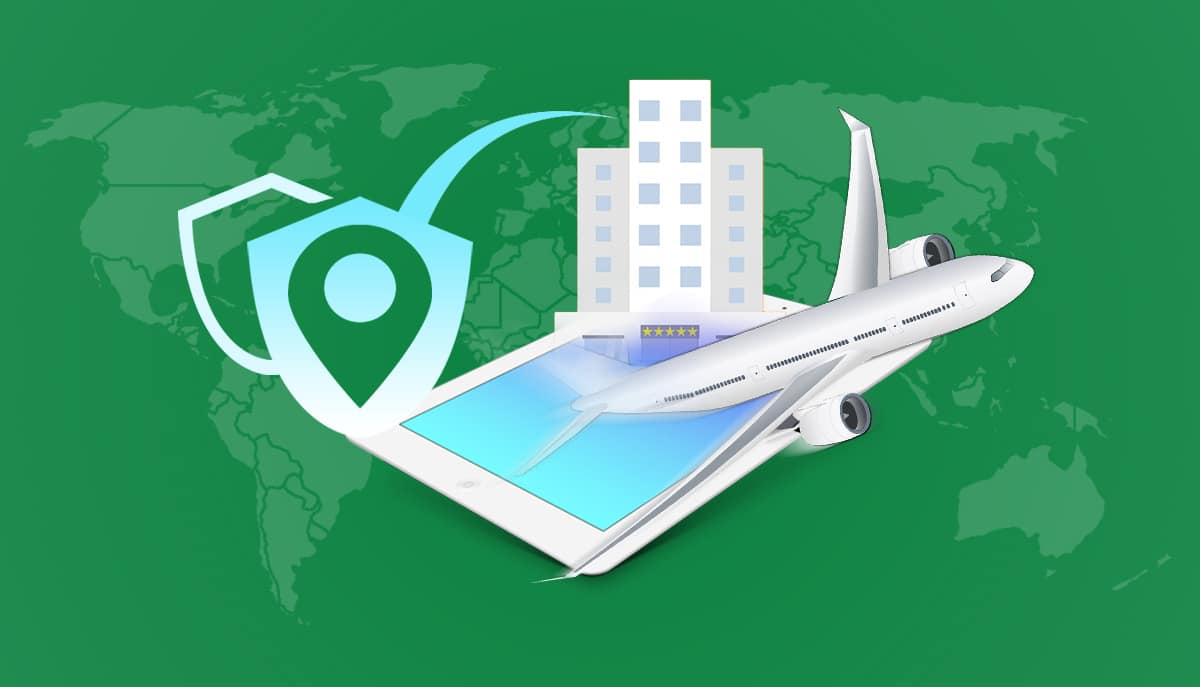Location icon with illustration of hotel, aeroplane and ipad