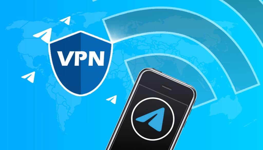 VPN Shield und Telegram-Logo auf dem Handy