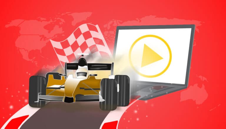 formula 1 car with checkered flag and laptop play icon