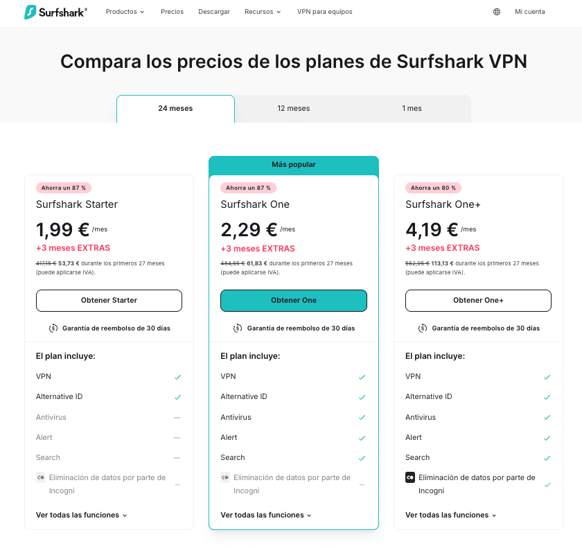 precios Surfshark 2 años