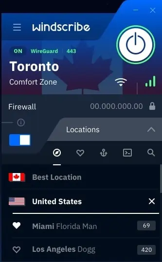 Windscribe app dashboard.