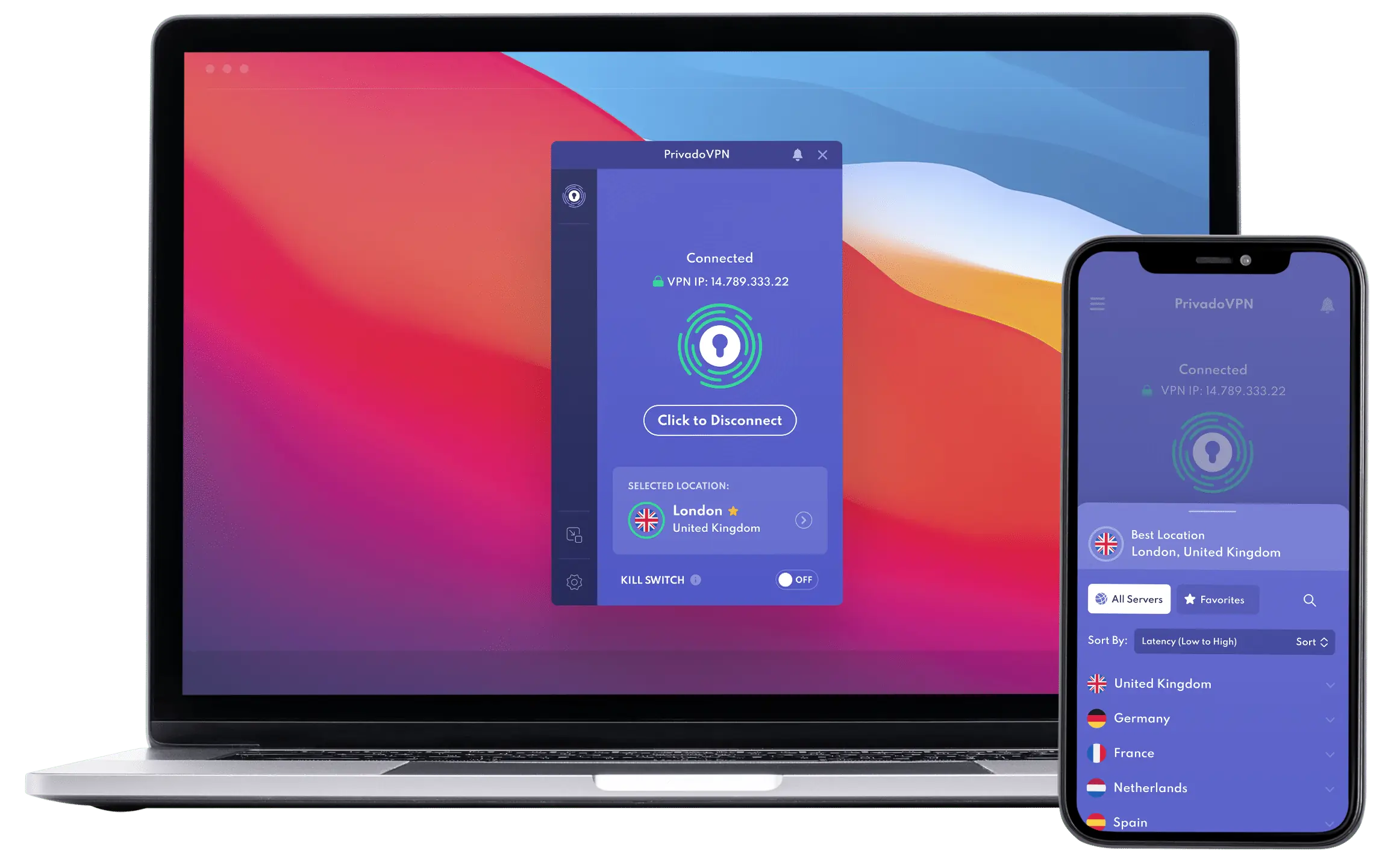 PrivadoVPN shown on multiple devices